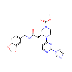 COC(=O)N1CCN(c2ccnc(-n3ccnc3)n2)[C@@H](CC(=O)NCc2ccc3c(c2)OCO3)C1 ZINC000029332358