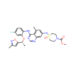 COC(=O)N1CCS(=O)(=Nc2cc(C)c3c(Nc4ccc(F)cc4O[C@H](C)c4cc(C)no4)ncnc3c2)CC1 ZINC001772627739