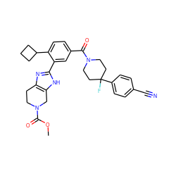 COC(=O)N1CCc2nc(-c3cc(C(=O)N4CCC(F)(c5ccc(C#N)cc5)CC4)ccc3C3CCC3)[nH]c2C1 ZINC000150290428