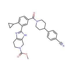 COC(=O)N1CCc2nc(-c3cc(C(=O)N4CCC(c5ccc(C#N)cc5)CC4)ccc3C3CC3)[nH]c2C1 ZINC000150204475