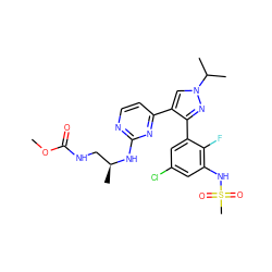 COC(=O)NC[C@H](C)Nc1nccc(-c2cn(C(C)C)nc2-c2cc(Cl)cc(NS(C)(=O)=O)c2F)n1 ZINC000149679465