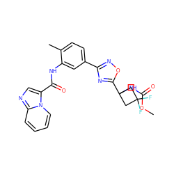 COC(=O)NC1(c2nc(-c3ccc(C)c(NC(=O)c4cnc5ccccn45)c3)no2)CC(F)(F)C1 ZINC000206114982