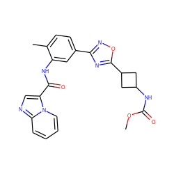 COC(=O)NC1CC(c2nc(-c3ccc(C)c(NC(=O)c4cnc5ccccn45)c3)no2)C1 ZINC000206118030