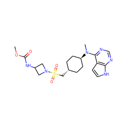 COC(=O)NC1CN(S(=O)(=O)C[C@H]2CC[C@H](N(C)c3ncnc4[nH]ccc34)CC2)C1 ZINC000261144465