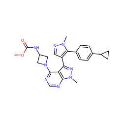 COC(=O)NC1CN(c2ncnc3c2c(-c2cnn(C)c2-c2ccc(C4CC4)cc2)nn3C)C1 ZINC000169706091