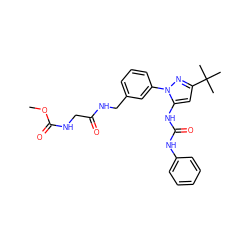 COC(=O)NCC(=O)NCc1cccc(-n2nc(C(C)(C)C)cc2NC(=O)Nc2ccccc2)c1 ZINC000058540884