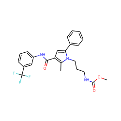 COC(=O)NCCCn1c(-c2ccccc2)cc(C(=O)Nc2cccc(C(F)(F)F)c2)c1C ZINC000220740837