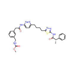 COC(=O)NCc1cccc(CC(=O)Nc2ccc(CCCCc3nnc(NC(=O)[C@@H](C)c4ccccc4)s3)nn2)c1 ZINC000169698469