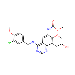 COC(=O)Nc1cc2c(NCc3ccc(OC)c(Cl)c3)ncnc2c(CCO)c1OC ZINC000045389710