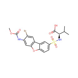 COC(=O)Nc1cc2oc3ccc(S(=O)(=O)N[C@@H](C(=O)O)C(C)C)cc3c2cc1Br ZINC000040845881