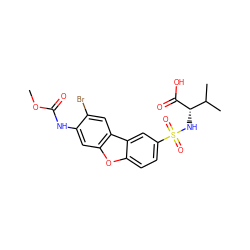 COC(=O)Nc1cc2oc3ccc(S(=O)(=O)N[C@H](C(=O)O)C(C)C)cc3c2cc1Br ZINC000040952496