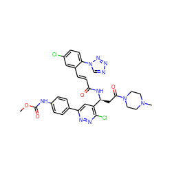 COC(=O)Nc1ccc(-c2cc([C@H](CC(=O)N3CCN(C)CC3)NC(=O)/C=C/c3cc(Cl)ccc3-n3cnnn3)c(Cl)nn2)cc1 ZINC000068150451