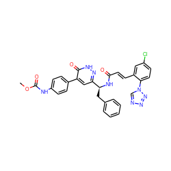 COC(=O)Nc1ccc(-c2cc([C@H](Cc3ccccc3)NC(=O)/C=C/c3cc(Cl)ccc3-n3cnnn3)n[nH]c2=O)cc1 ZINC000113916887