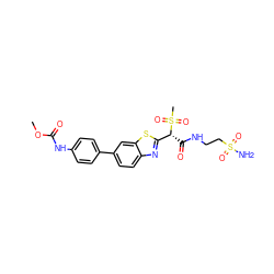 COC(=O)Nc1ccc(-c2ccc3nc([C@@H](C(=O)NCCS(N)(=O)=O)S(C)(=O)=O)sc3c2)cc1 ZINC000146067880