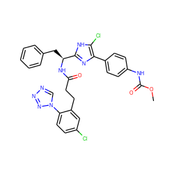 COC(=O)Nc1ccc(-c2nc([C@H](Cc3ccccc3)NC(=O)CCc3cc(Cl)ccc3-n3cnnn3)[nH]c2Cl)cc1 ZINC000117532729