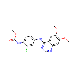 COC(=O)Nc1ccc(Nc2ncnc3cc(OC)c(OC)cc23)cc1Cl ZINC000084634846