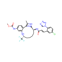 COC(=O)Nc1ccc2c(c1)N[C@@H](C(F)(F)F)CCCC[C@H](NC(=O)/C=C/c1cc(Cl)ccc1-n1cnnn1)c1nc-2c(C)[nH]1 ZINC000230573321