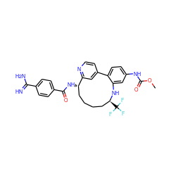 COC(=O)Nc1ccc2c(c1)N[C@@H](C(F)(F)F)CCCC[C@H](NC(=O)c1ccc(C(=N)N)cc1)c1cc-2ccn1 ZINC000230574541