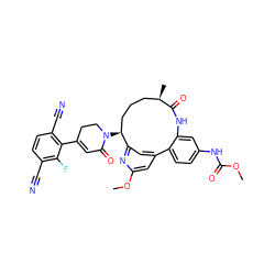 COC(=O)Nc1ccc2c(c1)NC(=O)[C@H](C)CCC[C@H](N1CCC(c3c(C#N)ccc(C#N)c3F)=CC1=O)c1cc-2cc(OC)n1 ZINC000208167659