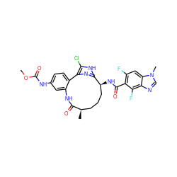 COC(=O)Nc1ccc2c(c1)NC(=O)[C@H](C)CCC[C@H](NC(=O)c1c(F)cc3c(ncn3C)c1F)c1nc-2c(Cl)[nH]1 ZINC000230573115