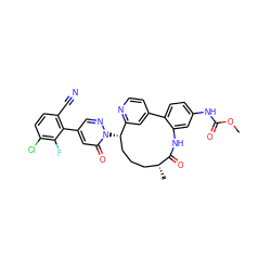 COC(=O)Nc1ccc2c(c1)NC(=O)[C@H](C)CCC[C@H](n1ncc(-c3c(C#N)ccc(Cl)c3F)cc1=O)c1cc-2ccn1 ZINC000220115928