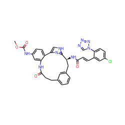 COC(=O)Nc1ccc2c(c1)NC(=O)CCc1cccc(c1)C[C@H](NC(=O)/C=C/c1cc(Cl)ccc1-n1cnnn1)c1nc-2c[nH]1 ZINC000072316255