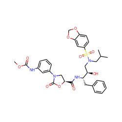 COC(=O)Nc1cccc(N2C[C@@H](C(=O)N[C@@H](Cc3ccccc3)[C@H](O)CN(CC(C)C)S(=O)(=O)c3ccc4c(c3)OCO4)OC2=O)c1 ZINC000072136421