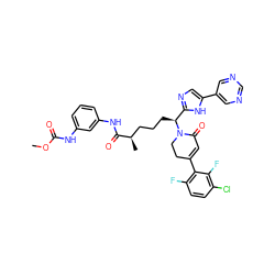 COC(=O)Nc1cccc(NC(=O)[C@H](C)CCC[C@@H](c2ncc(-c3cncnc3)[nH]2)N2CCC(c3c(F)ccc(Cl)c3F)=CC2=O)c1 ZINC001772607308