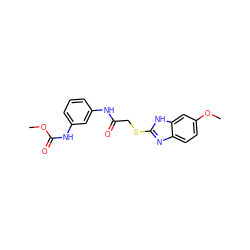 COC(=O)Nc1cccc(NC(=O)CSc2nc3ccc(OC)cc3[nH]2)c1 ZINC000474606176