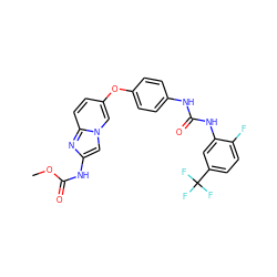 COC(=O)Nc1cn2cc(Oc3ccc(NC(=O)Nc4cc(C(F)(F)F)ccc4F)cc3)ccc2n1 ZINC000001494895