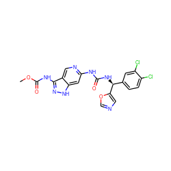 COC(=O)Nc1n[nH]c2cc(NC(=O)N[C@@H](c3ccc(Cl)c(Cl)c3)c3cnco3)ncc12 ZINC001772604548