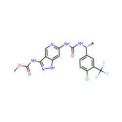 COC(=O)Nc1n[nH]c2cc(NC(=O)N[C@H](C)c3ccc(Cl)c(C(F)(F)F)c3)ncc12 ZINC001772621383