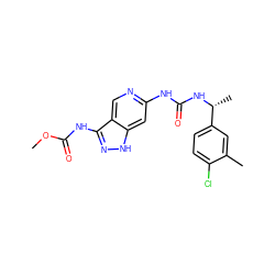 COC(=O)Nc1n[nH]c2cc(NC(=O)N[C@H](C)c3ccc(Cl)c(C)c3)ncc12 ZINC001772625972