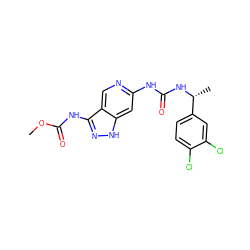 COC(=O)Nc1n[nH]c2cc(NC(=O)N[C@H](C)c3ccc(Cl)c(Cl)c3)ncc12 ZINC001772593680