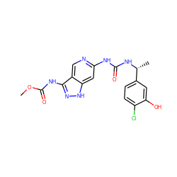 COC(=O)Nc1n[nH]c2cc(NC(=O)N[C@H](C)c3ccc(Cl)c(O)c3)ncc12 ZINC001772613515