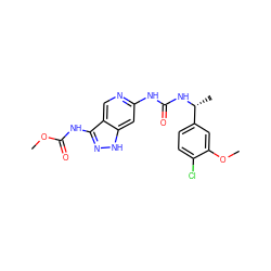 COC(=O)Nc1n[nH]c2cc(NC(=O)N[C@H](C)c3ccc(Cl)c(OC)c3)ncc12 ZINC000210754544