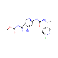 COC(=O)Nc1n[nH]c2cc(NC(=O)N[C@H](C)c3ccc(Cl)nc3)ncc12 ZINC001772627870