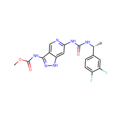 COC(=O)Nc1n[nH]c2cc(NC(=O)N[C@H](C)c3ccc(F)c(F)c3)ncc12 ZINC001772651934