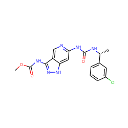 COC(=O)Nc1n[nH]c2cc(NC(=O)N[C@H](C)c3cccc(Cl)c3)ncc12 ZINC001772627748