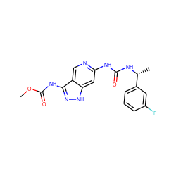 COC(=O)Nc1n[nH]c2cc(NC(=O)N[C@H](C)c3cccc(F)c3)ncc12 ZINC001772571842