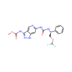 COC(=O)Nc1n[nH]c2cc(NC(=O)N[C@H](COC(F)F)c3ccccc3)ncc12 ZINC001772572287