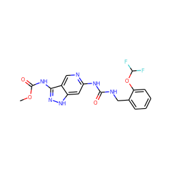 COC(=O)Nc1n[nH]c2cc(NC(=O)NCc3ccccc3OC(F)F)ncc12 ZINC001772586526