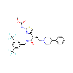 COC(=O)Nc1nc([C@@H](CCN2CCC(c3ccccc3)CC2)C(=O)NCc2cc(C(F)(F)F)cc(C(F)(F)F)c2)cs1 ZINC000028702819