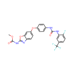 COC(=O)Nc1nc2ccc(Oc3ccc(NC(=O)Nc4cc(C(F)(F)F)ccc4F)cc3)cc2o1 ZINC000001494899