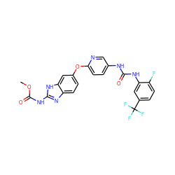 COC(=O)Nc1nc2ccc(Oc3ccc(NC(=O)Nc4cc(C(F)(F)F)ccc4F)cn3)cc2[nH]1 ZINC000014965531