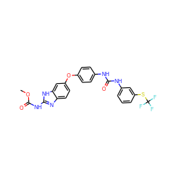 COC(=O)Nc1nc2ccc(Oc3ccc(NC(=O)Nc4cccc(SC(F)(F)F)c4)cc3)cc2[nH]1 ZINC000014965500