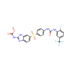 COC(=O)Nc1nc2ccc(S(=O)(=O)c3ccc(NC(=O)Nc4cc(C(F)(F)F)ccc4F)cc3)cc2[nH]1 ZINC000014965555