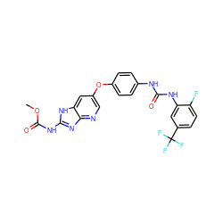 COC(=O)Nc1nc2ncc(Oc3ccc(NC(=O)Nc4cc(C(F)(F)F)ccc4F)cc3)cc2[nH]1 ZINC000014965581