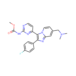 COC(=O)Nc1nccc(-c2c(-c3ccc(F)cc3)nc3cc(CN(C)C)ccn23)n1 ZINC000028963784