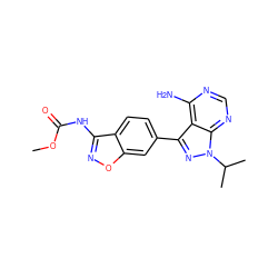 COC(=O)Nc1noc2cc(-c3nn(C(C)C)c4ncnc(N)c34)ccc12 ZINC000143840879